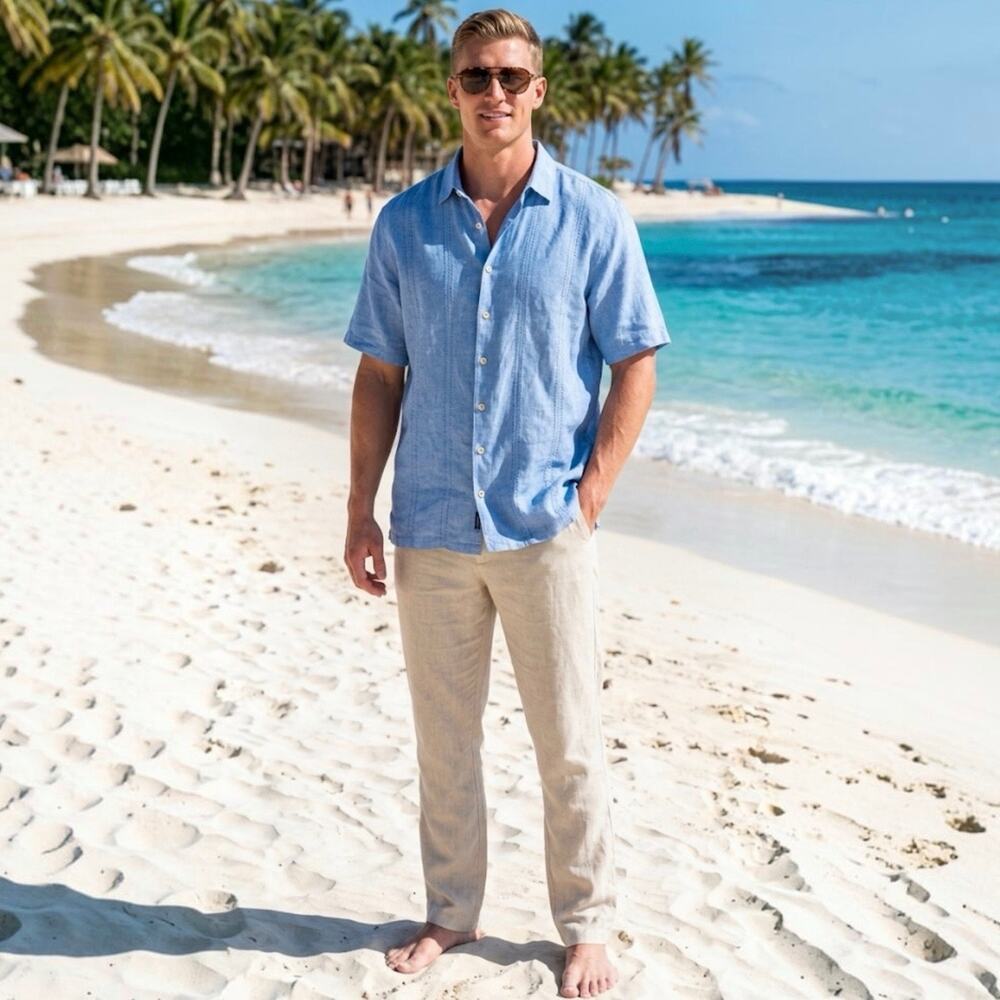 Tommy Bahama Relax 100% Linen Blue Chambray Button Down Short Sleeve Shirt SZ XL